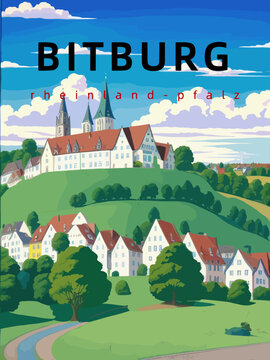 Bitburg: Retro tourism poster with an German landscape and the headline Bitburg in Rheinland-Pfalz