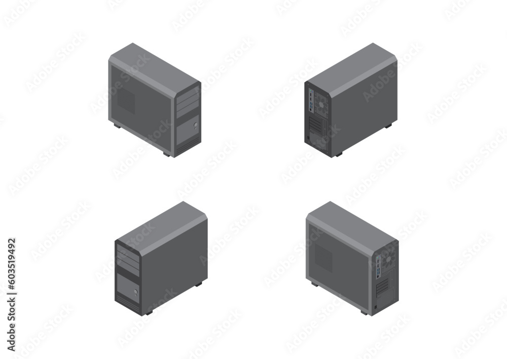 Aufkleber isometric set of computer case. illustrator vector.