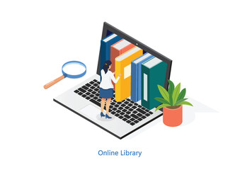 Isometric education online study concept technology knowledge design web e-learning and book library vector illustration.