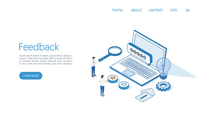 Landing page template people characters giving five star feedback. Clients choosing satisfaction rating and leaving positive review. illustrator vector.