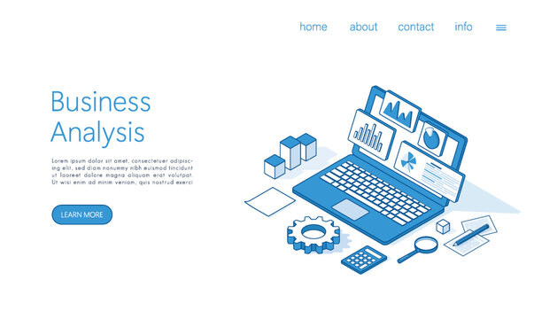 Landing page template business analysis concept illustration. Isometric vector.