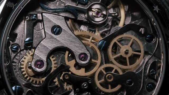 Closeup of a mechanical wristwatch chronograph movement - 4K