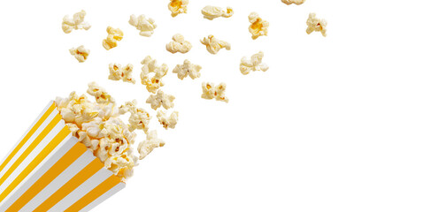 Popcorn flying out of yellow white striped paper box isolated on white, transparent background, PNG, with copy space. Splash, levitation of popcorn grains. © katyamaximenko