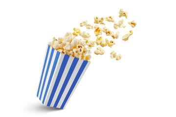 Popcorn flying out of blue white striped paper box isolated on white, transparent background, PNG,...