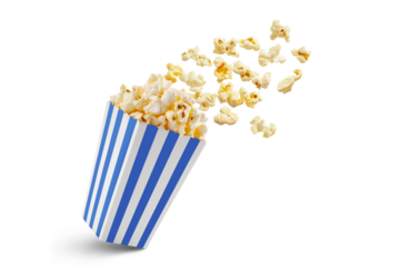 Popcorn flying out of blue white striped paper box isolated on white, transparent background, PNG, with copy space. Splash, levitation of popcorn grains.