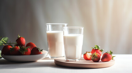 glass of milk and strawberries on a table
