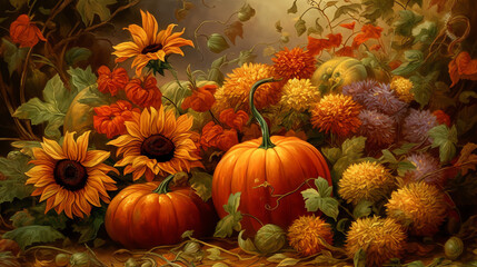 Naklejka na ściany i meble painting of pumpkins and sunflowers with leaves