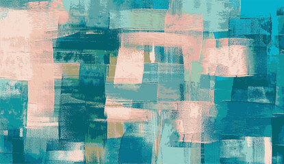 Vector abstraction rough oil paint strokes on canvas. Abstract painting, teal blue and coral color textured pattern, grungy artistic background