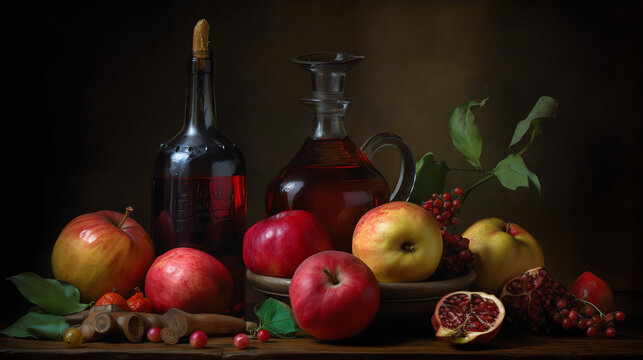 a still life of apples and pomegranates with a bottle