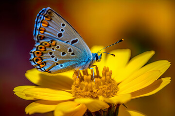 Obraz premium close up of butterfly on a yellow flower, Generative AI