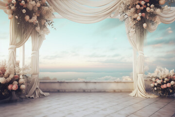 A wedding stage with a view of the sea and the word love on it