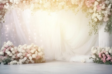A white and pink floral backdrop with a white backdrop and a bouquet of flowers.