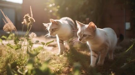 cute beautiful young cats, backlit, outdoors in the garden among flowers, greeting card, AI generated