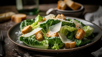 Delicious caesar salad with parmesan cheese and homemade crouton. generative AI - obrazy, fototapety, plakaty