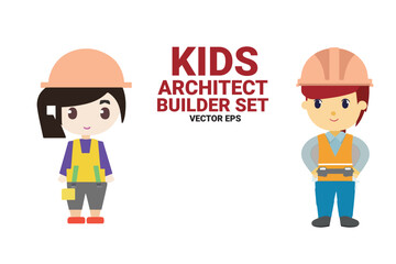 Cartoon kids architect builder uniform set. cute character vector eps isolated on white