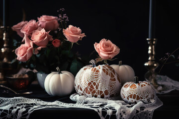 A table topped with white pumpkins and pink roses. AI generative Halloween display.