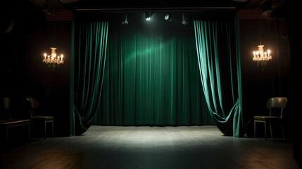 A stage with a green curtain and chairs. Generative AI.