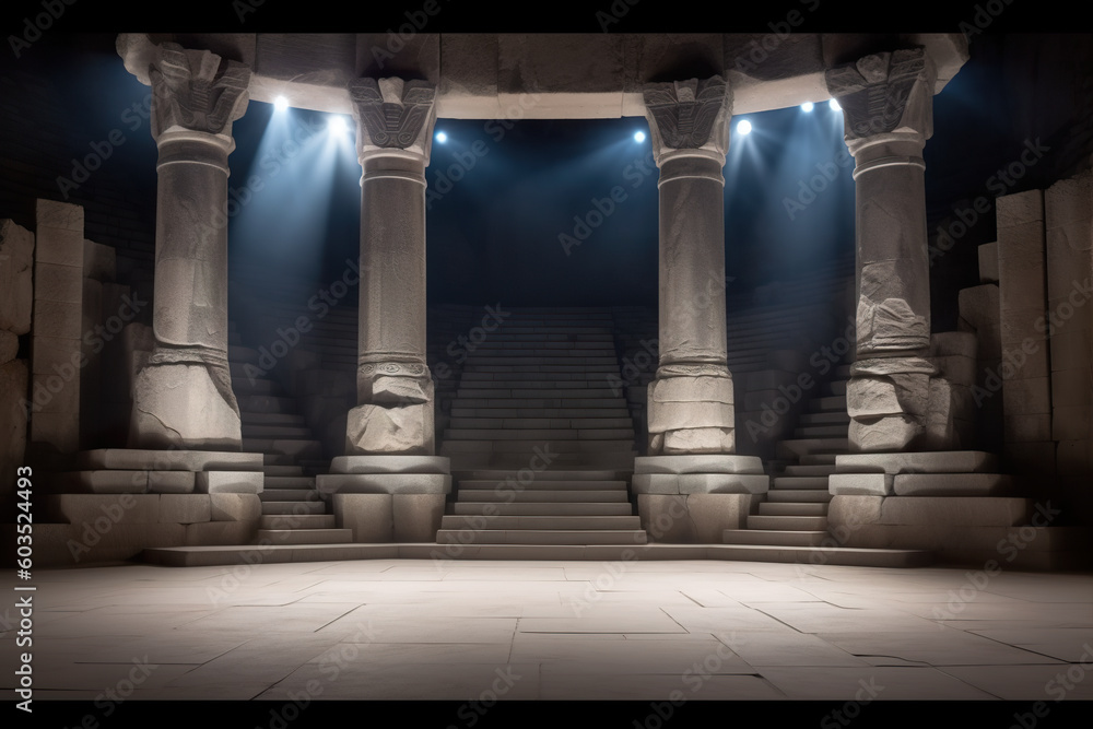 Poster an empty stage with steps and columns lit by spotlights. generative ai.