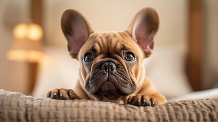 French Bulldog lying on a bed, portrait of bulldog, happy, cute, playful and funny look - Generative AI