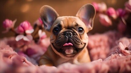 Frensh bulldog on lila background, portrait of bulldog, happy, cute, playful and funny look - Generative AI