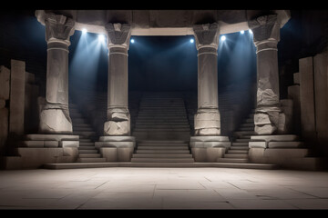 An empty stage with steps and columns lit by spotlights. Generative AI.