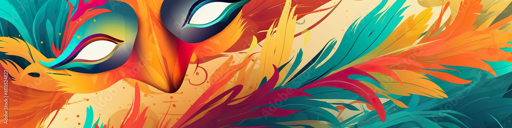 Poster a close up of a bird's face with colorful feathers. generative ai.