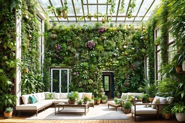 Naklejka premium Interior with many lush green plants, generative ai illustration