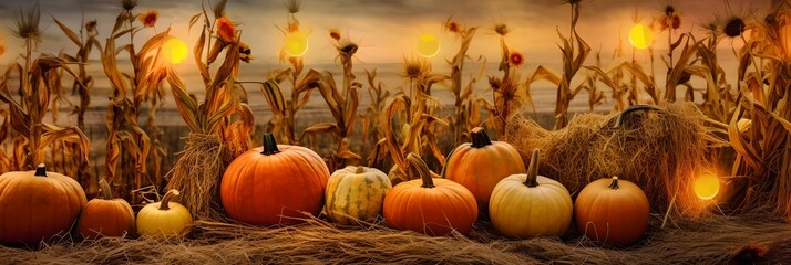 Pumpkins on field, generative ai image on sunset