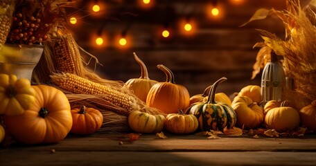 Thanksgiving day with pumpkins and corn cobs on wooden table, holiday lanterns, generative ai, copy space
