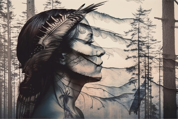 Serene profile of a female forest spirit or deity with birds and twigs, black white monochromatic AI generative digital art