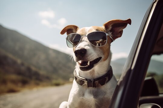 Cute happy dog looking out of car window, generative ai