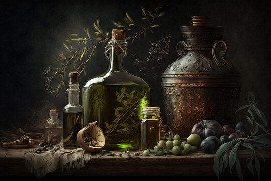 Virgin extra olive oil in vintage bottles and olives on table, still life, generative AI.
