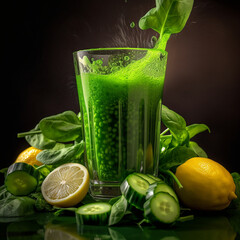 A green liquid detox is pouring into a glass with green liquid.