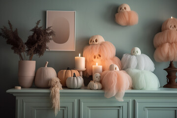 A mantle with a bunch of pumpkins on top of it. AI generative.
