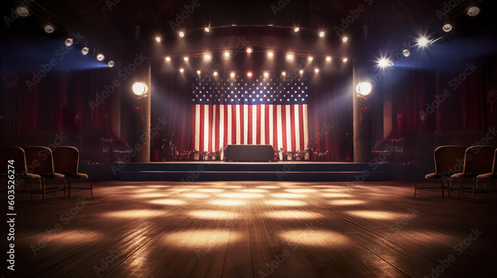 Poster an empty stage with a flag on it. generative ai.