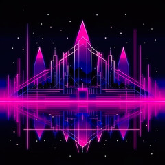 Symmetrical city skyline, purple and magenta neon on black background, 80s style, generative AI image