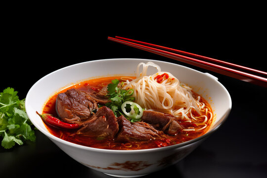 Bun Bo Hue, generative AI Vietnamese spicy dish, beef noodle soup made with vermicelli noodles, beef shank, and lemongrass