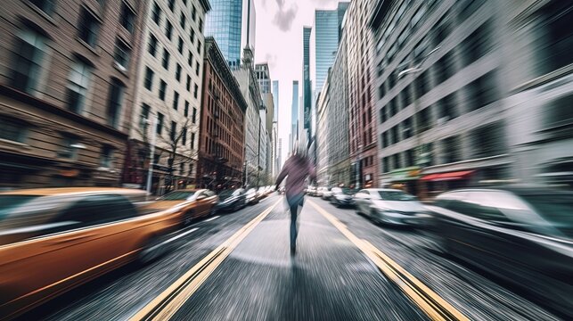 Person walking fast among traffic in the city timelapse using generative AI