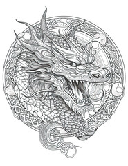 dragon head, black white illustration, outline for coloring book page, generative AI coloring card