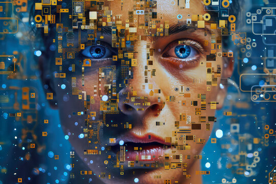 Universal image of a man disintegrating into particles, cybersecurity, privacy rights, blue eyes blue background, Generative AI