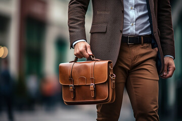 A businessman, sharply dressed in a tailored suit, confidently holds a sleek leather briefcase in his hand. generative AI tools - obrazy, fototapety, plakaty