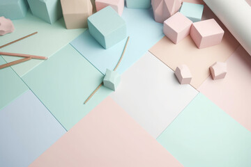 A colorful background with pastel colored squares and a small pink cubes.