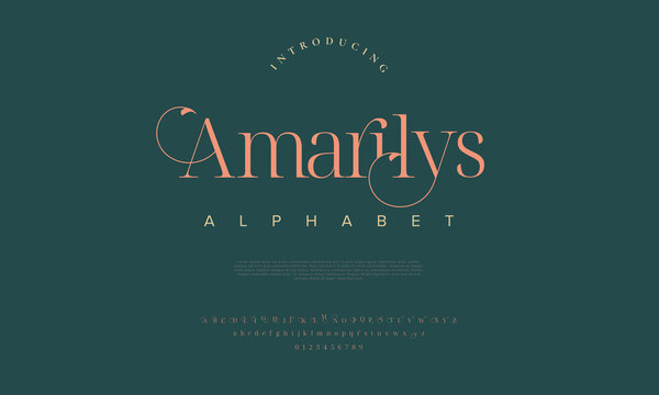Naklejka Amarilys elegant alphabet letters font and number. Classic Lettering Minimal Fashion Designs. Typography modern serif fonts decorative vintage design concept. vector illustration