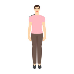 Fototapeta premium Men to do shoulder measurement body with arrows fashion Illustration for size chart. Flat male character front 8 head size boy in pink shirt. Human gentlemen infographic template for clothes