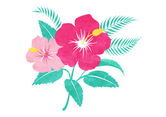 ハイビスカスの花と葉っぱの水彩イラスト