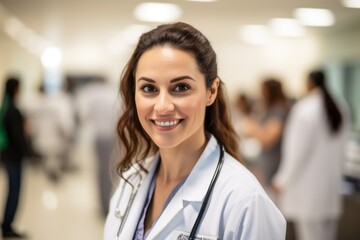 Medium shot portrait photography of a cheerful doctor in her 30s wearing a scrub or lab coat with doctors nurses therapists. Generative AI