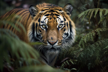 Tiger Close-Up (Panthera tigris): Powerful Stride and Unique Stripes in Dense Undergrowth, Created with Generative AI Technology