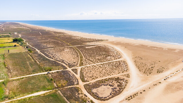 Vista panor&aacute;mica a&eacute;rea de las dunas y la playa de Eucaliptus, en el Delta del Ebro (Tarragona - Catalu&ntilde;a)