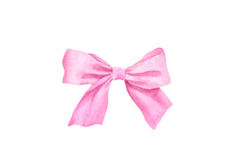 Watercolor pink bow isolated on transparent background. Hand-drawn illustrations.