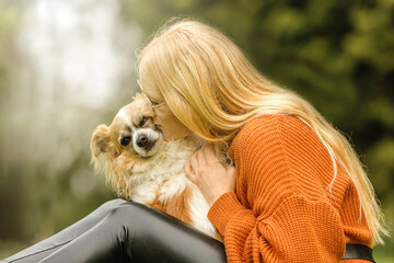 A young blonde woman and her chihuahua dog spending time together in a park in spring outdoors